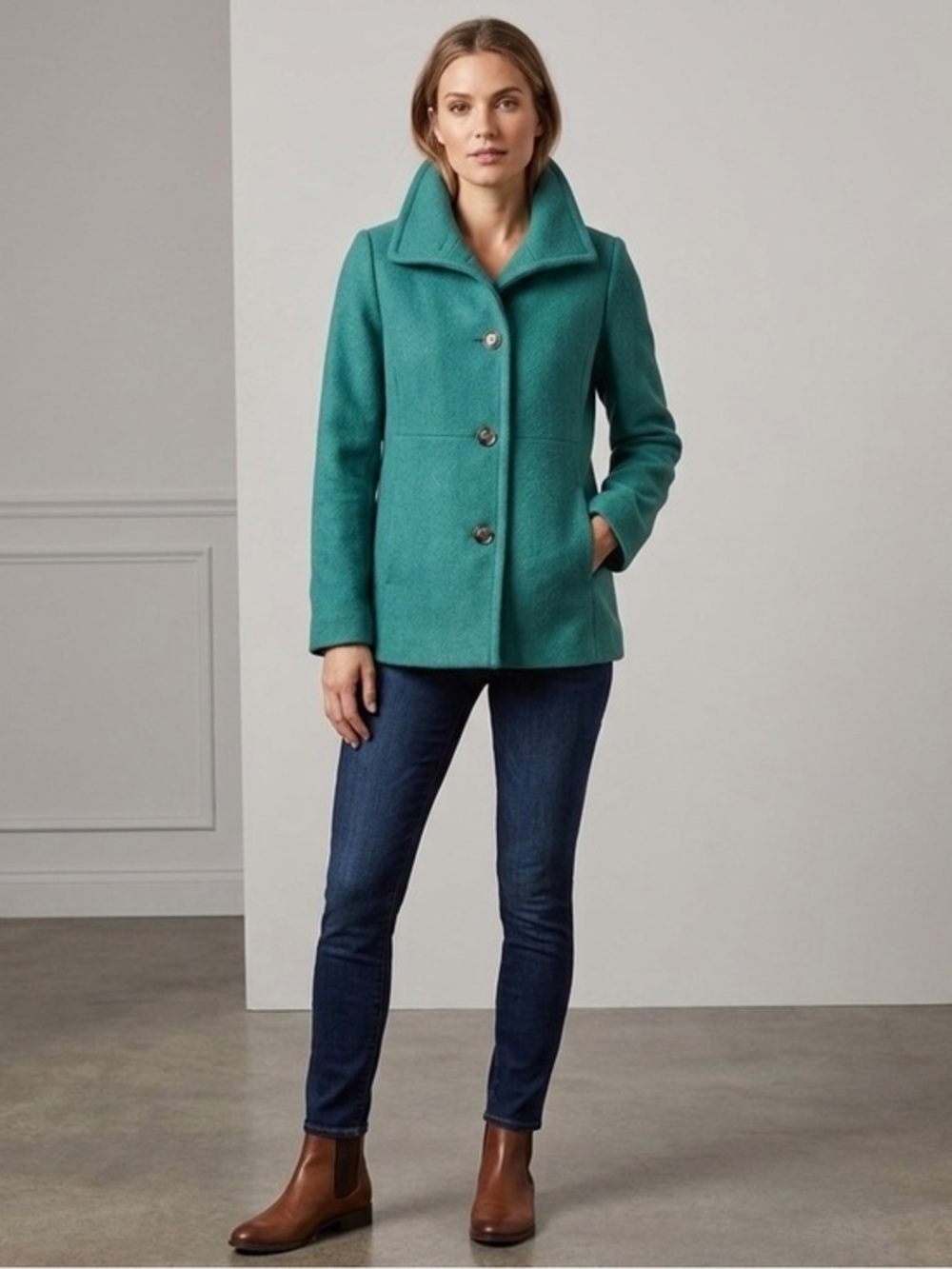 Lands' End Womens 4 Green Lighthouse Boiled Wool Button Front Coat Jacket S Fall